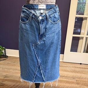 Frame Denim Medium Blue Denim Midi Skirt with Frayed Overlap Hem